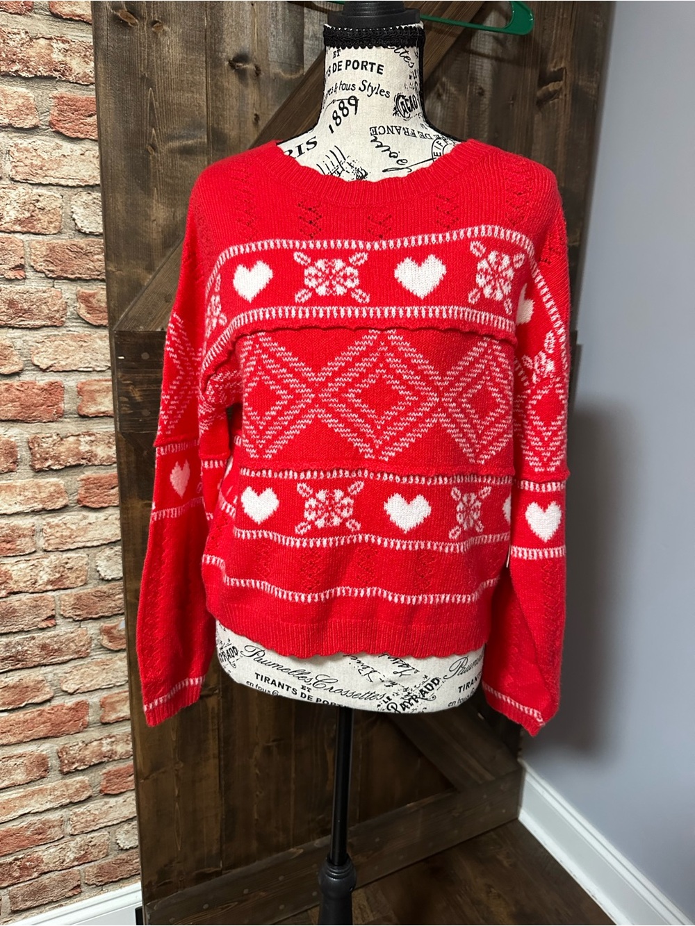Old Navy Red and White Heart Pattern Crewneck Sweater